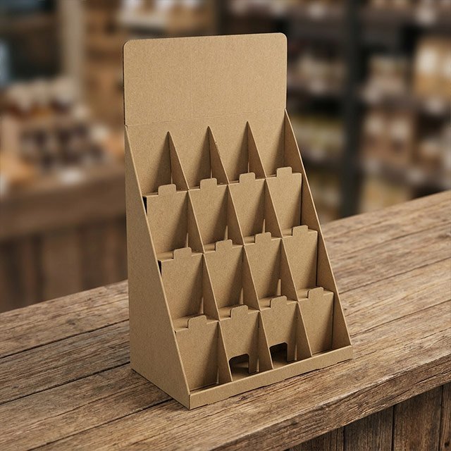 Présentoir en carton kraft brun à 15 compartiments sur trois niveaux, posé sur un comptoir en bois.