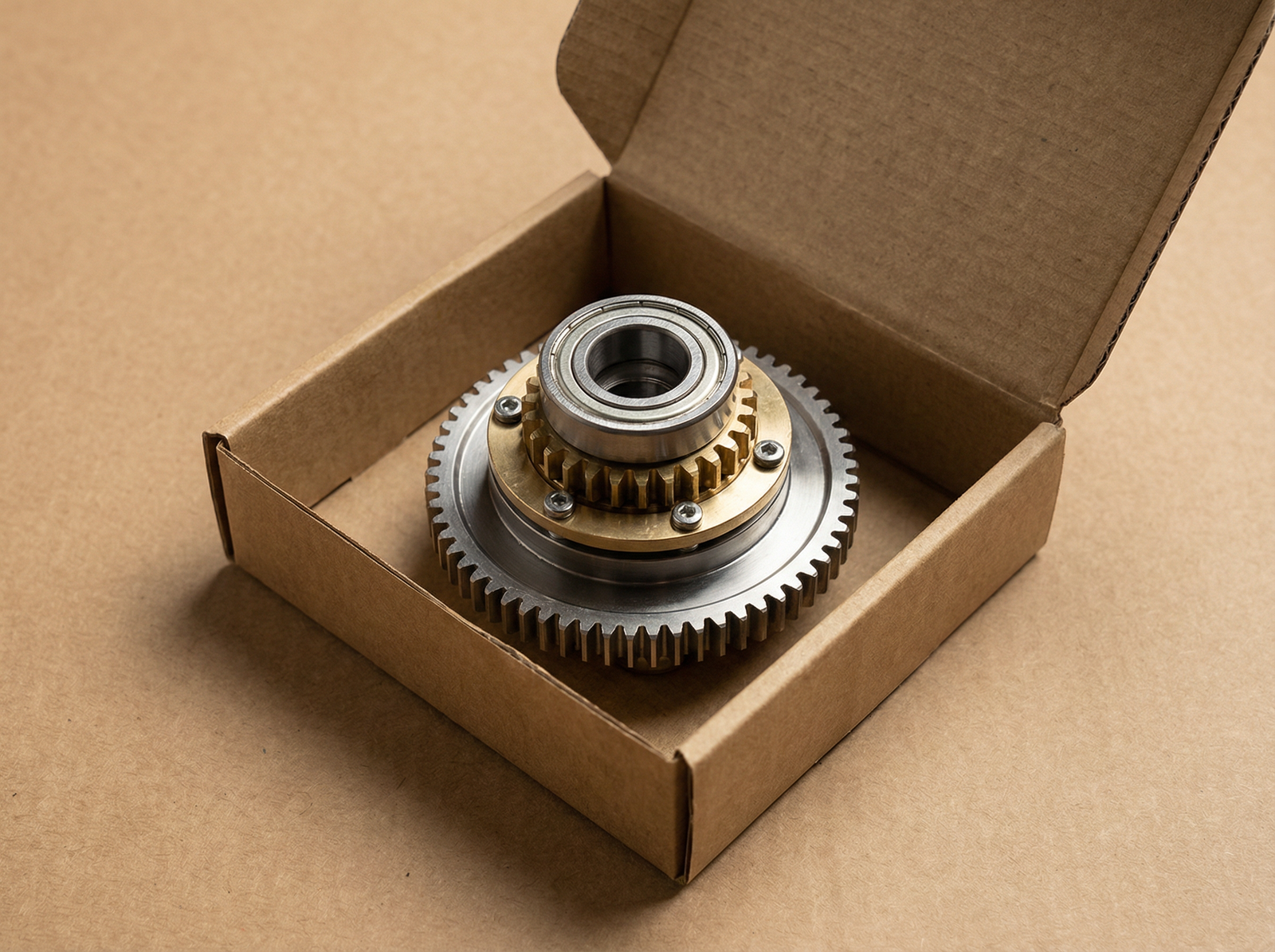 Engrenage métallique circulaire avec palier et pièces laiton, placé dans une petite boîte en carton ouverte sur fond kraft.