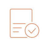 Icône orange représentant un document avec trois lignes et une coche dans un cercle indiquant validation ou approbation