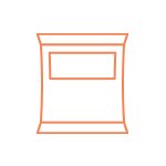 Icône stylisée d’un sachet alimentaire rectangulaire avec fenêtre centrale, contour orange sur fond blanc.