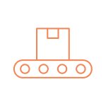 Icône orange d'un carton posé sur un convoyeur à rouleaux, style minimaliste sur fond blanc.