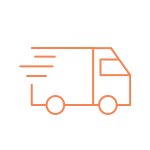Camion de livraison orange stylisé en mouvement avec lignes indiquant la vitesse